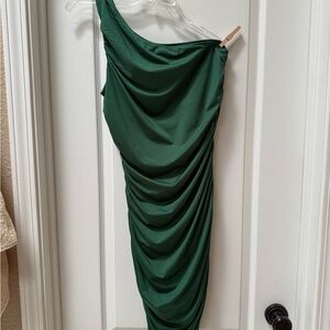 Sleeveless emerald green One Shoulder Fully Ruched Bodycon lined Mini Dress L
